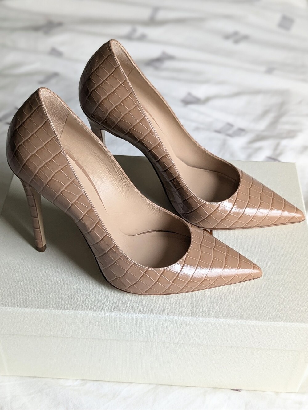 NWT M. Gemi Estatto Stiletto Heels in Printed Croc Cappuccino Tan | Size 36